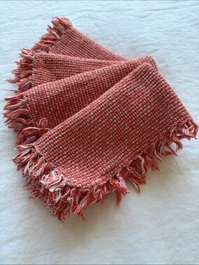 Fringed Dinner Napkin S/4 Orange + White Loose Weave Cotton
